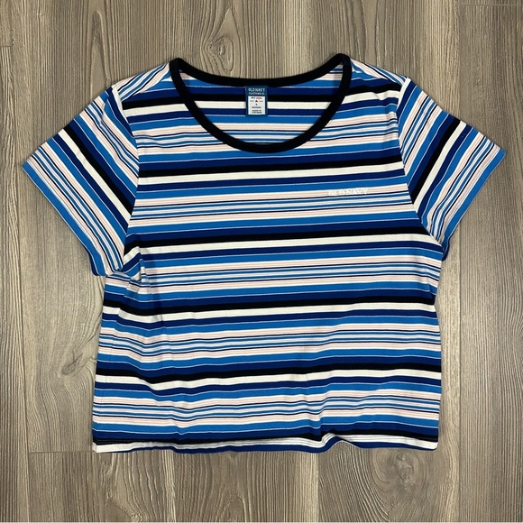 Old Navy Reissue '94 Blue Striped Logo T-Shirt Size L Retro Y2K Tee - Picture 1 of 6